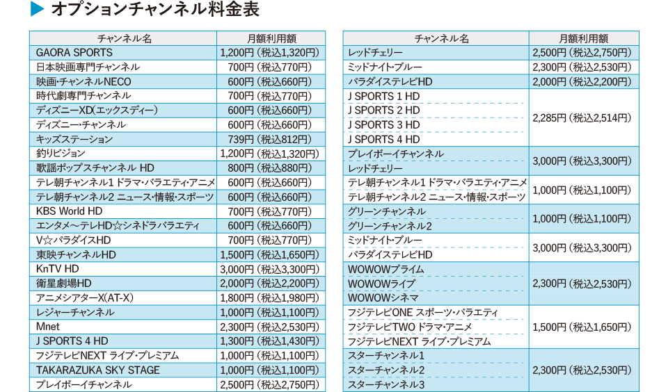 オプションチャンネル料金表